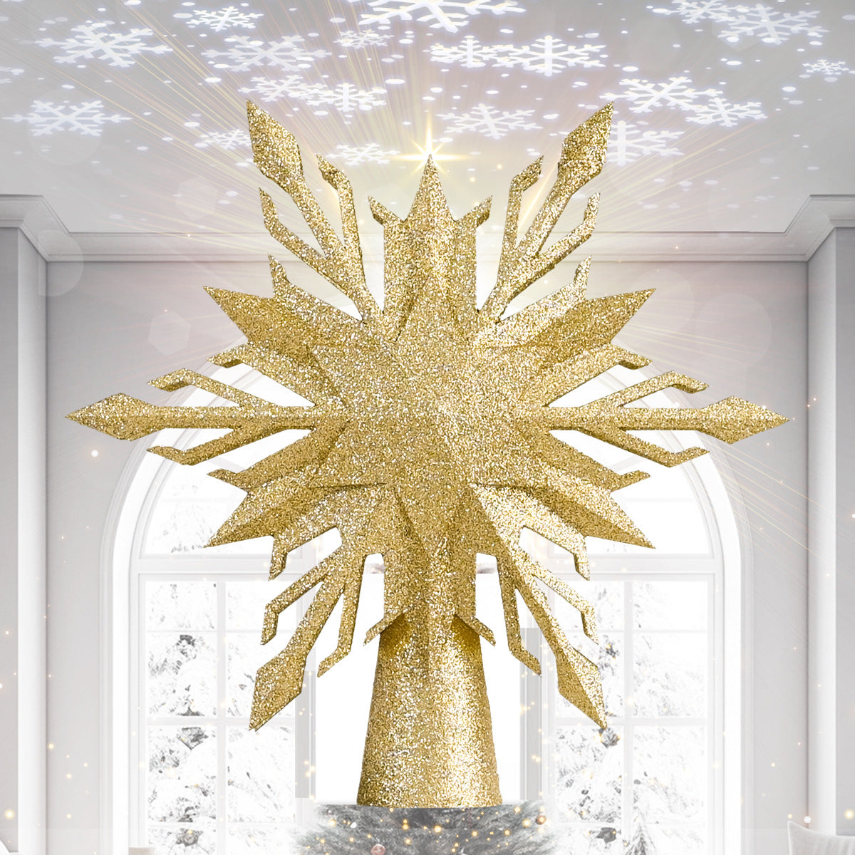 LED Christmas Tree Topper with Snowflake Projection - Gold & Silver Light-Up Christmas Tree Decoration
