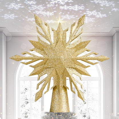LED Christmas Tree Topper with Snowflake Projection - Gold & Silver Light-Up Christmas Tree Decoration