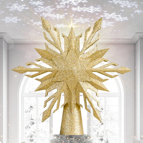 LED Christmas Tree Topper with Snowflake Projection - Gold & Silver Light-Up Christmas Tree Decoration