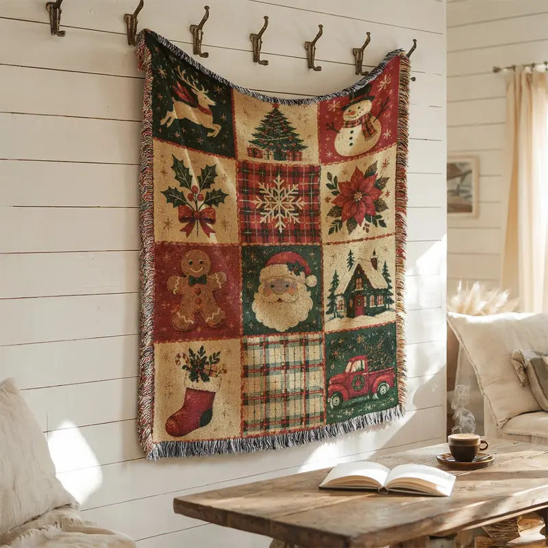 Retro Christmas Throw Blanket - 130 × 160cm Woven Jacquard Festive Sofa Blanket with Tassels