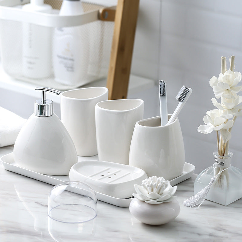 Luxury White Porcelain Ceramic Bathroom Accessory Set – 5-Piece Bathroom Essentials Collection