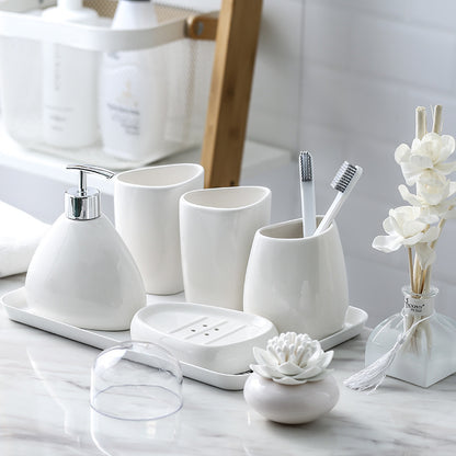 Luxury White Porcelain Ceramic Bathroom Accessory Set – 5-Piece Bathroom Essentials Collection