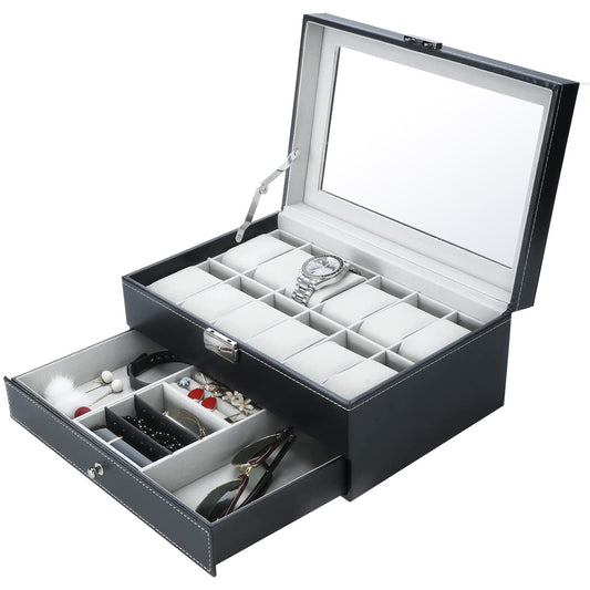 Watch & Jewelry Storage Box–Double Layer Display Case with Glass Window, 12 Slot Watch Organiser (Luxury Jewellery Box)