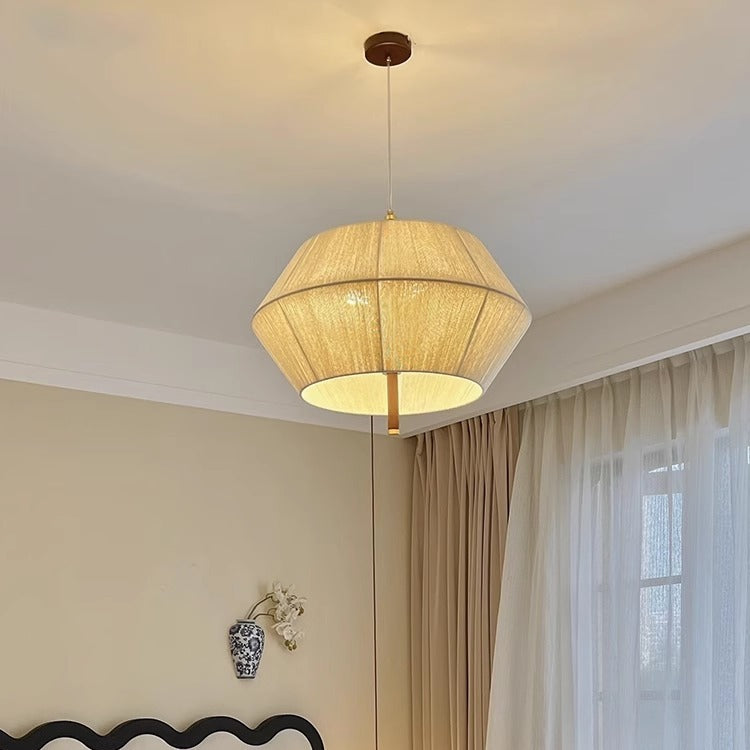 Japanese Wabi-Sabi Pendant Light - Natural Wood & Woven Fabric LED Ceiling Light for Dining Room & Living Room