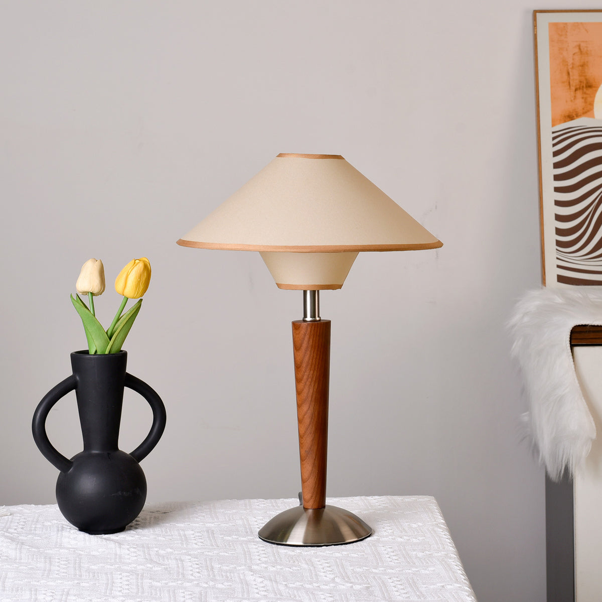 Mid-Century Table Lamp - 1960s Vintage Solid Wood Bedside Lamp with Fabric Shade