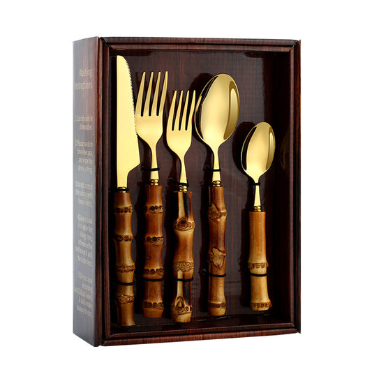 304 Stainless Steel Cutlery Set with Bamboo Handles–Luxury Gold & Silver Flatware Set, Modern Dining Tableware (20/24 Piece Set)