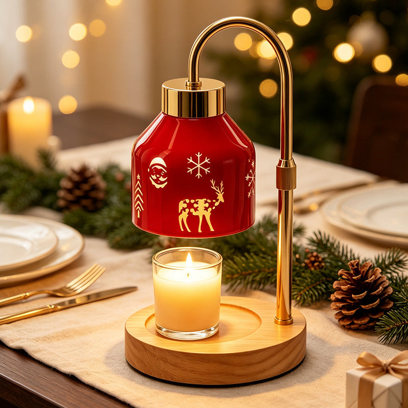 Red Glass Wax Melt Lamp - Christmas Aromatherapy Candle Warmer with Wooden Base & Ambient Night Light