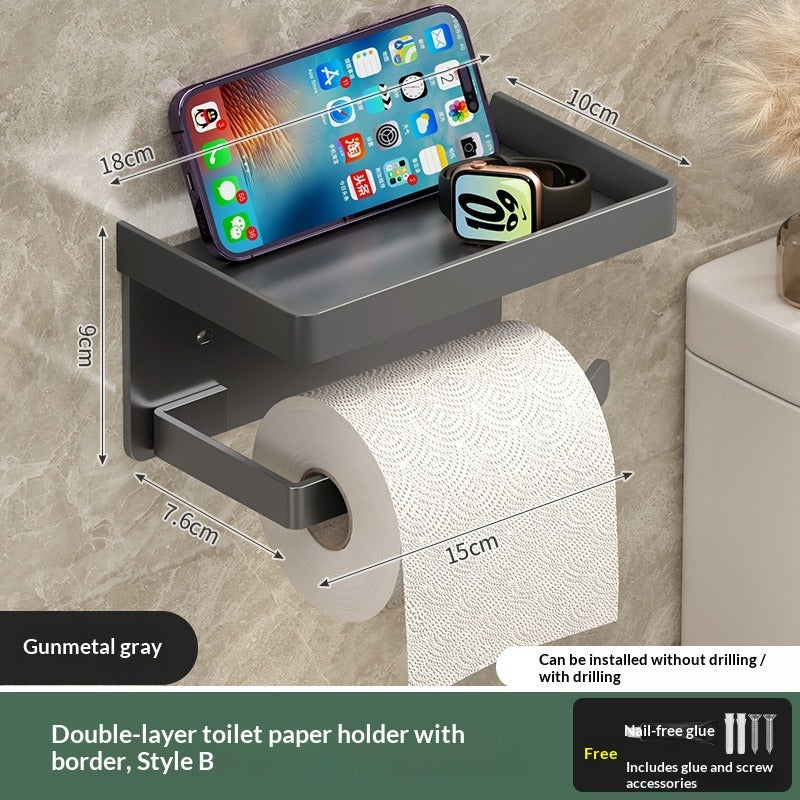 No Drill Toilet Paper Holder with Phone Shelf-Wall Mounted Tissue Holder Rack-Modern Bathroom Storage Organiser