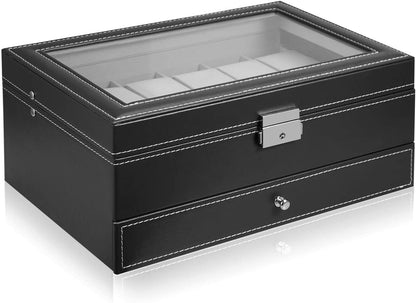 Watch & Jewelry Storage Box–Double Layer Display Case with Glass Window, 12 Slot Watch Organiser (Luxury Jewellery Box)