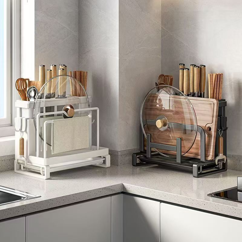 Carbon Steel Kitchen Organiser Rack–Multi-Purpose Knife, Utensil & Cutting Board Storage Stand