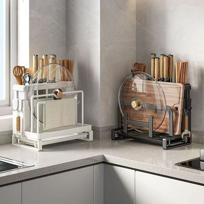 Carbon Steel Kitchen Organiser Rack–Multi-Purpose Knife, Utensil & Cutting Board Storage Stand
