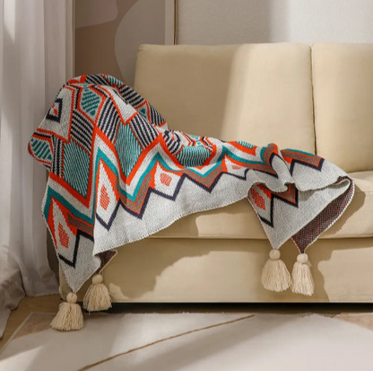 Bohemian Geometric Sofa Cover Blanket–Decorative Tassel Throw for Sofa, Bed & Home Décor