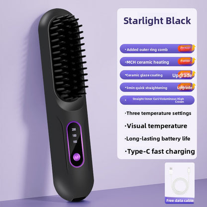 Cordless Hair Straightener & Curler Comb - Rechargeable 2-in-1 Ceramic Heated Styling Brush