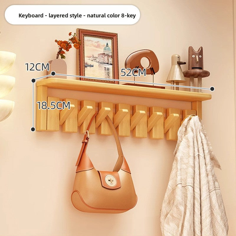 Solid Wood Piano Key Wall Hook Rack with Shelf - Entryway Coat & Key Organiser