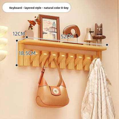 Solid Wood Piano Key Wall Hook Rack with Shelf - Entryway Coat & Key Organiser