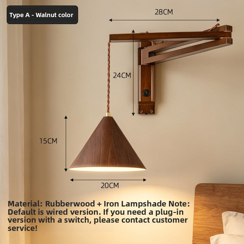 Retractable Wooden Wall Light - Nordic Adjustable LED Bedside Swing Arm Lamp