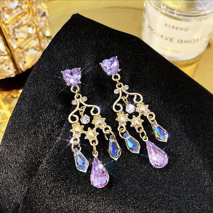Water Drop Crystal Tassel Earrings–Long Gold Drop Earrings, Korean Style Sparkling Statement Jewellery