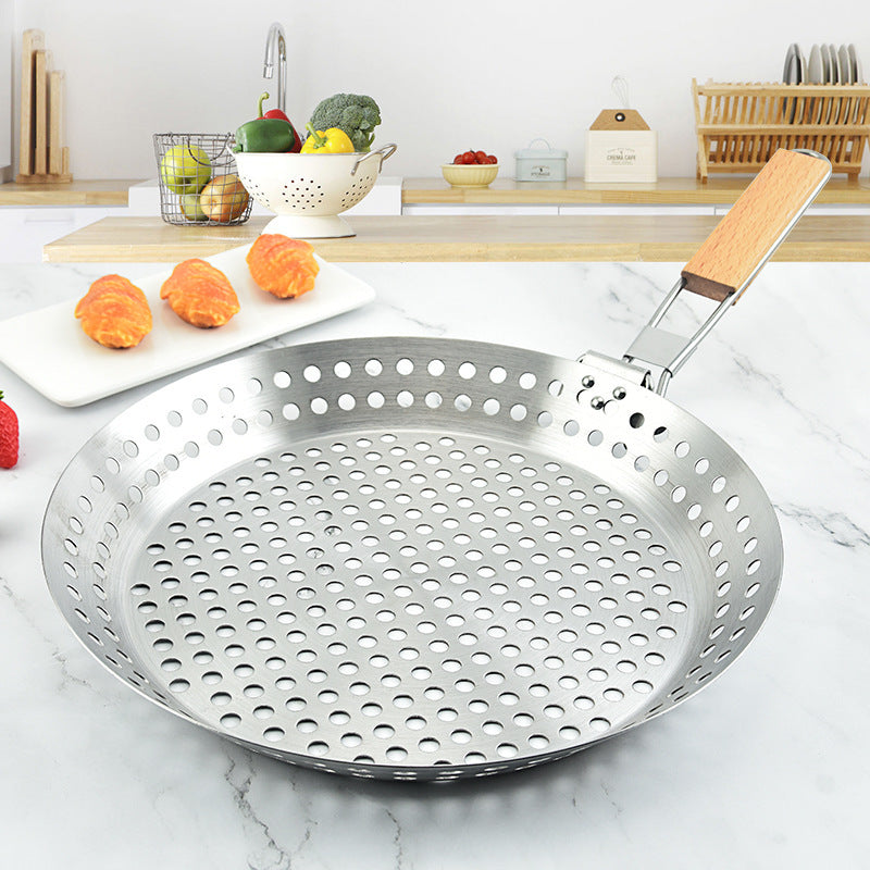 Foldable Stainless Steel BBQ Grill Tray - Round Camping Barbecue Pan with Handle