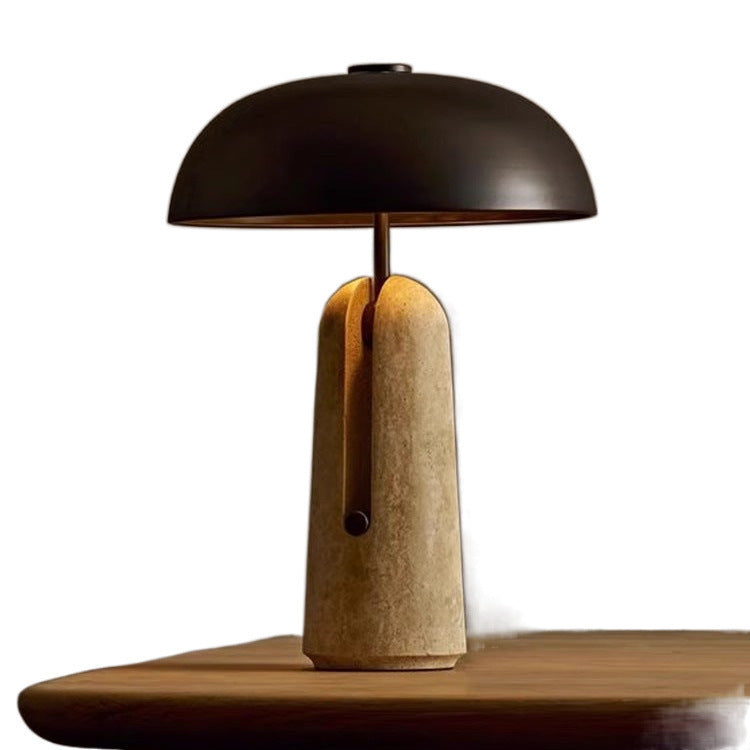 Wabi-Sabi Travertine Table Lamp - Mushroom Stone Bedside Ambient Lamp