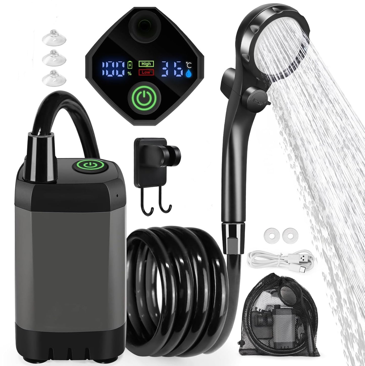 Portable Rechargeable Camping Shower–High-Pressure Outdoor Shower With Digital Temperature Display