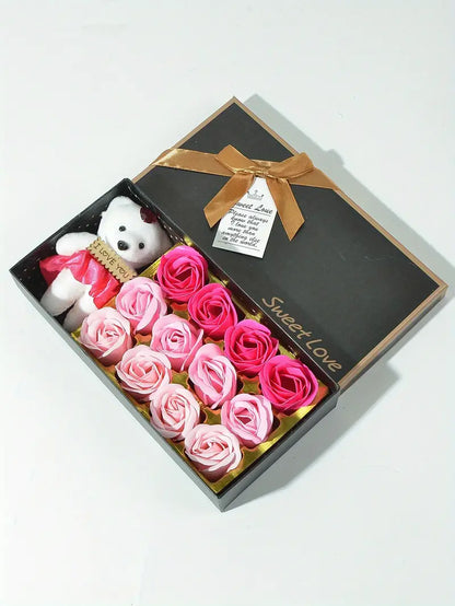 Luxury Soap Flower Gift Box with Kawaii Bear–Romantic Rose Bouquet for Special Occasions