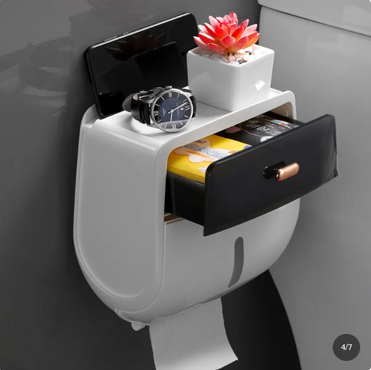 Wall Mounted Waterproof Tissue Box-Bathroom Toilet Paper Holder Storage Case-Dustproof Plastic Organiser (Black & Grey)