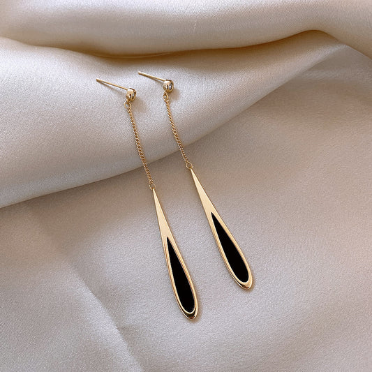 Black Water Drop Tassel Earrings–Long Gold & Black Drop Earrings, Elegant Banquet Statement Jewellery