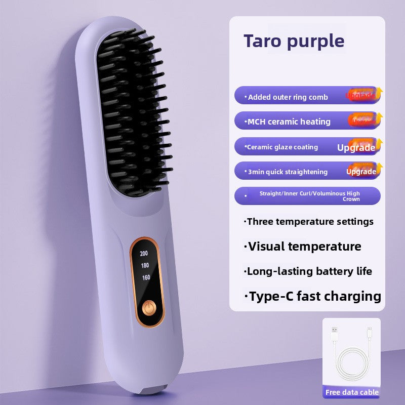 Cordless Hair Straightener & Curler Comb - Rechargeable 2-in-1 Ceramic Heated Styling Brush