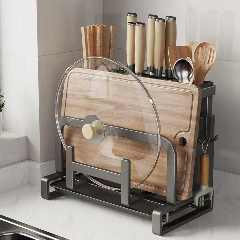 Carbon Steel Kitchen Organiser Rack–Multi-Purpose Knife, Utensil & Cutting Board Storage Stand