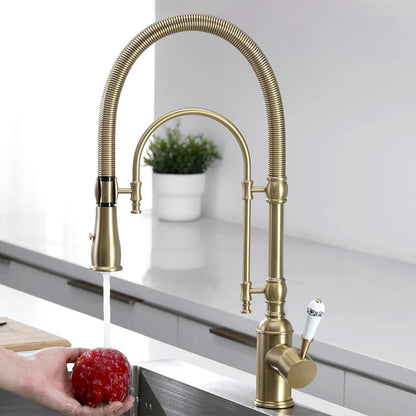 Luxury Copper Kitchen Mixer Tap - Pull-Down Spring Kitchen Faucet with Multifunction Spray Head & Hot Cold Water Control