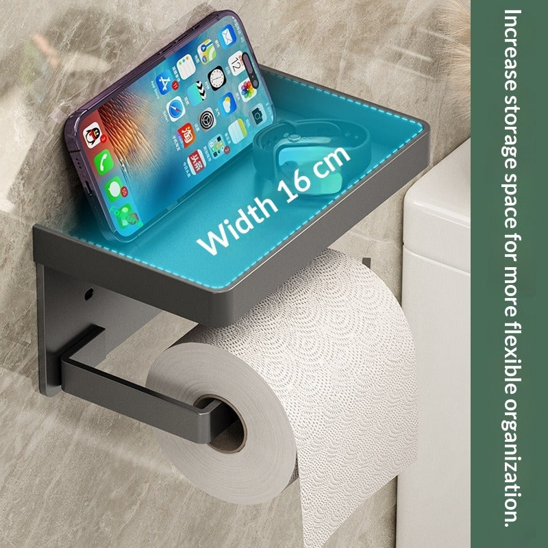 No Drill Toilet Paper Holder with Phone Shelf-Wall Mounted Tissue Holder Rack-Modern Bathroom Storage Organiser