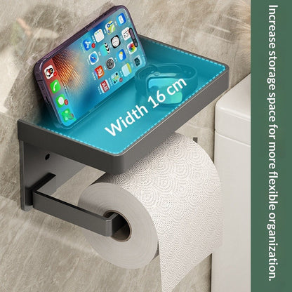 No Drill Toilet Paper Holder with Phone Shelf-Wall Mounted Tissue Holder Rack-Modern Bathroom Storage Organiser