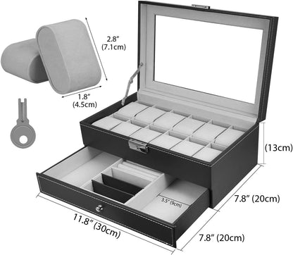 Watch & Jewelry Storage Box–Double Layer Display Case with Glass Window, 12 Slot Watch Organiser (Luxury Jewellery Box)