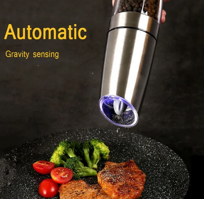 Automatic Gravity Electric Salt & Pepper Grinder–Adjustable Ceramic Spice Mill, LED Light, Stainless Steel/ABS Kitchen Grinder Set