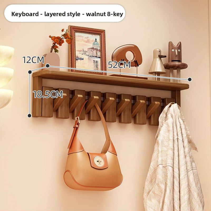 Solid Wood Piano Key Wall Hook Rack with Shelf - Entryway Coat & Key Organiser