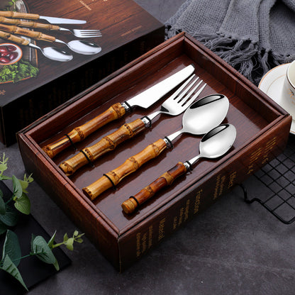 304 Stainless Steel Cutlery Set with Bamboo Handles–Luxury Gold & Silver Flatware Set, Modern Dining Tableware (20/24 Piece Set)