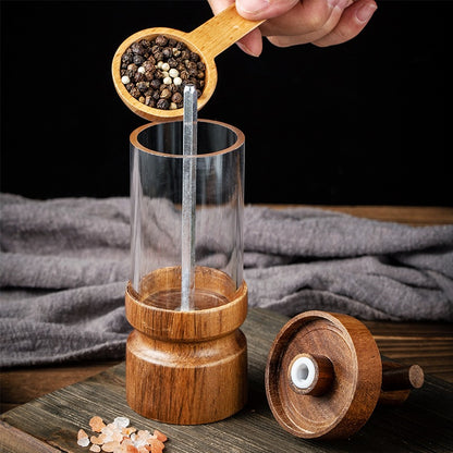 Acacia Wood Pepper Grinder–Wooden Salt & Pepper Mill with Acrylic Body, Manual Spice Grinder, Modern Kitchen & Dining Tool