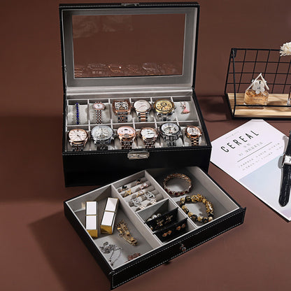 Watch & Jewelry Storage Box–Double Layer Display Case with Glass Window, 12 Slot Watch Organiser (Luxury Jewellery Box)