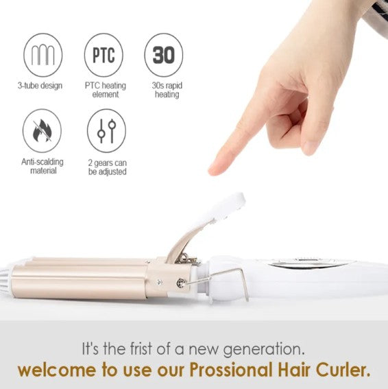 Three Barrel Curling Iron–Ceramic Ionic Hair Waver for Beach Waves & Voluminous Curls