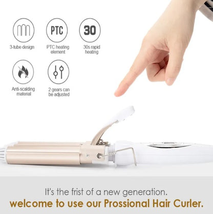 Three Barrel Curling Iron–Ceramic Ionic Hair Waver for Beach Waves & Voluminous Curls