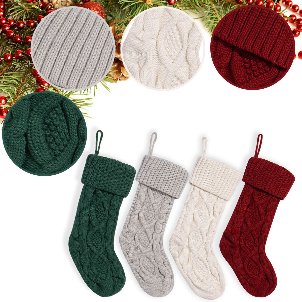 45cm Knitted Christmas Stocking - Diamond Pattern Hanging Christmas Gift Stocking Decoration