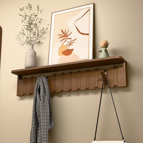Solid Wood Piano Key Wall Hook Rack with Shelf - Entryway Coat & Key Organiser