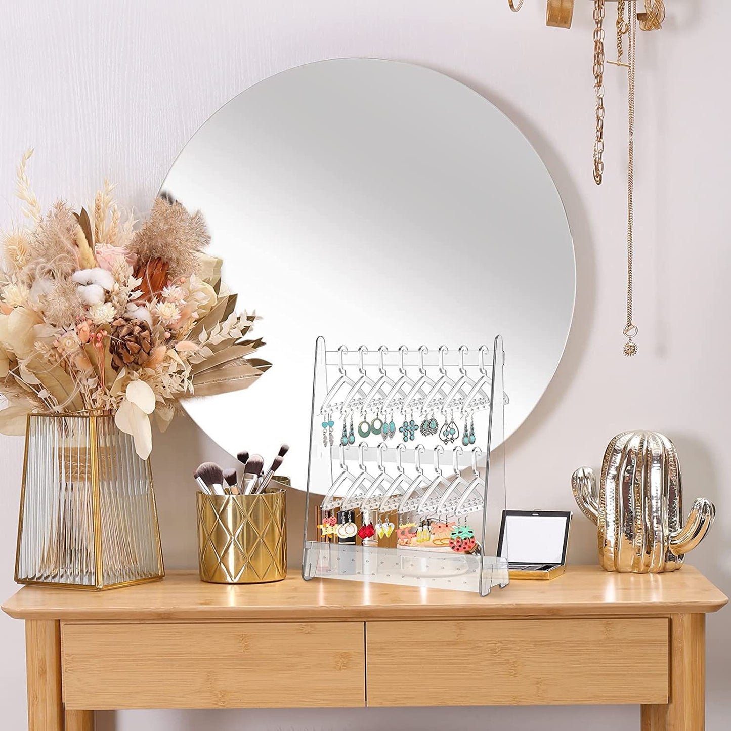 Acrylic Jewelry Stand Organiser–Earring & Necklace Display Holder with 16 Hangers, Modern Jewellery Storage Box (Colorful/Transparent)