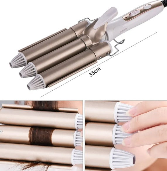 Three Barrel Curling Iron–Ceramic Ionic Hair Waver for Beach Waves & Voluminous Curls