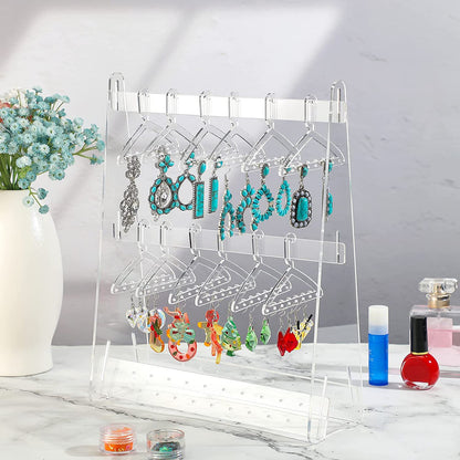 Acrylic Jewelry Stand Organiser–Earring & Necklace Display Holder with 16 Hangers, Modern Jewellery Storage Box (Colorful/Transparent)