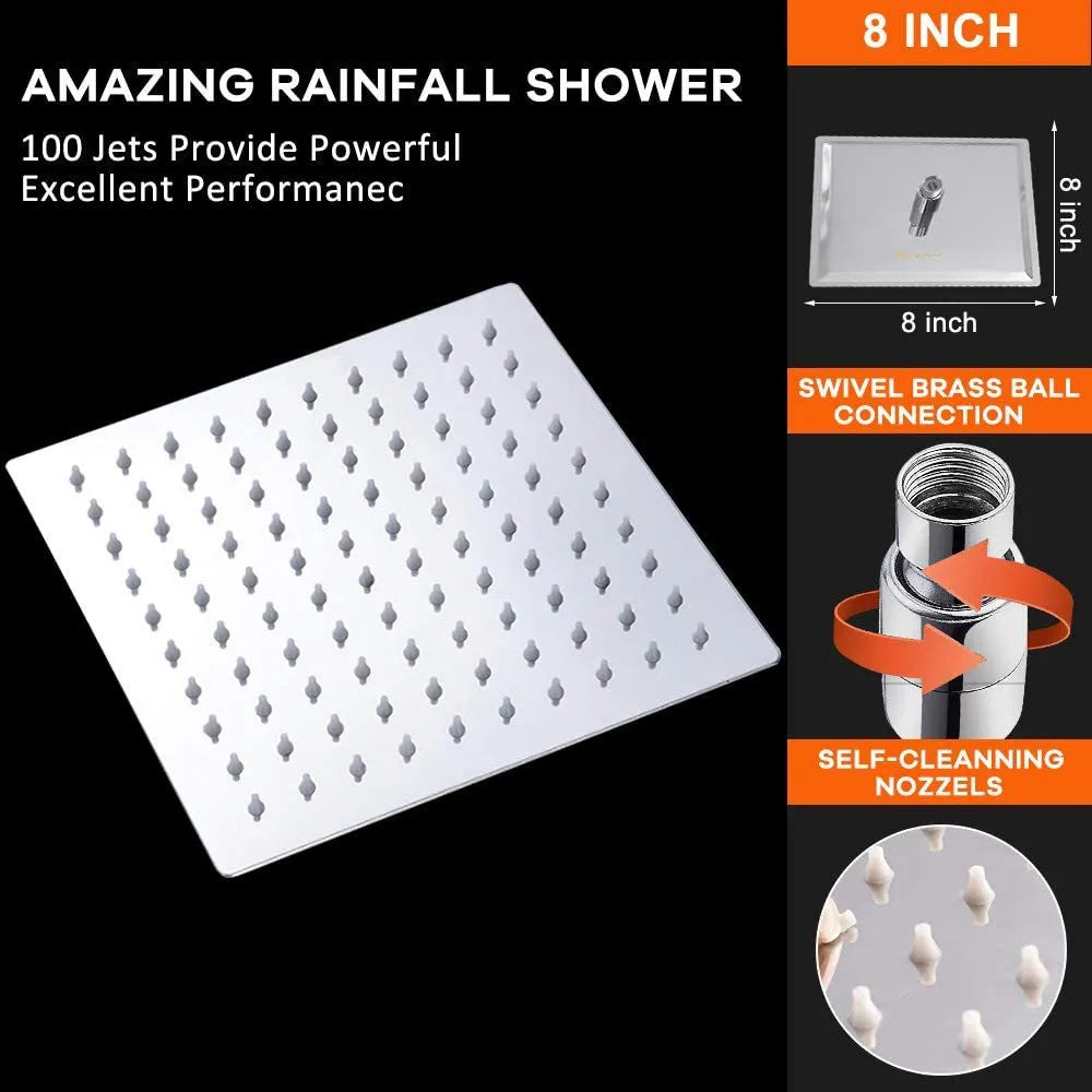 304 Stainless Steel Rainfall Shower Head-Premium Square Chrome Shower Head-High Pressure Bathroom Rain Shower (15–40cm)