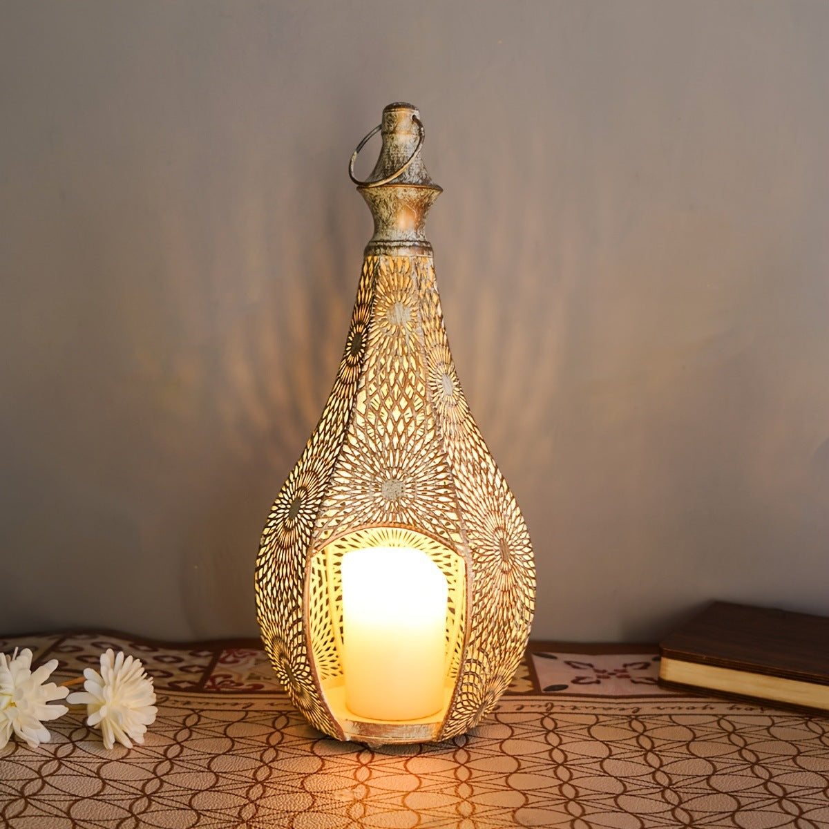 Moroccan Iron Lantern Candle Holder–Vintage Hollow Metal Lantern for Home Décor & Ambient Lighting