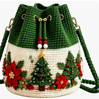 Handmade Crochet Christmas Gift Bag - Wool Yarn Drawstring Santa, Reindeer & Christmas Tree Hanging Decoration