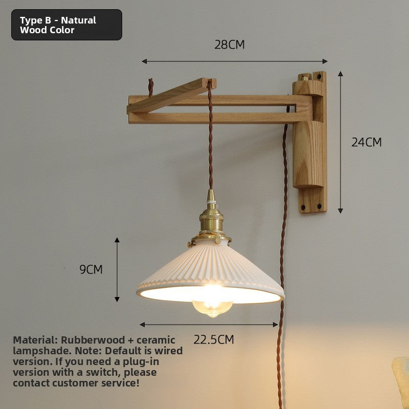 Retractable Wooden Wall Light - Nordic Adjustable LED Bedside Swing Arm Lamp