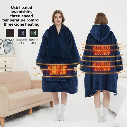 USB Heated Hooded Blanket - Oversized Double-Layer Flannel Wearable Blanket for Winter & Cosy Lounging